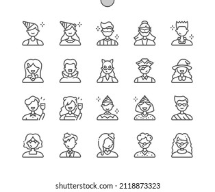 Party avatars. Cute people, man and woman faces. Celebrating holiday with champagne. People with festive costumes. Pixel Perfect Vector Thin Line Icons. Simple Minimal Pictogram