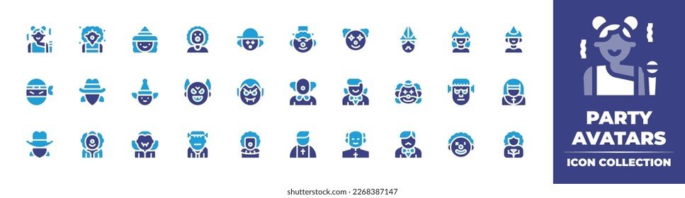 Party avatars icon collection. Duotone color. Vector illustration. Containing singer, clown, witch, birthday boy, girl, boy, ninja, cowboy, goblin, devil mask, dracula, bartender, frankenstein, nun.