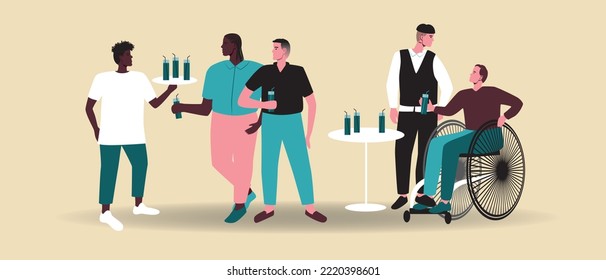 Party or bachelor party with variety of people isolated, flat vector stock illustration as holiday with cocktails and fun, holiday of inclusive people