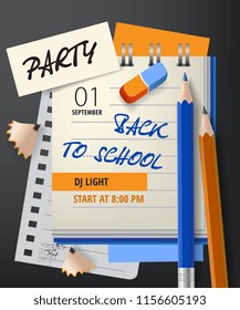 Party, back to school lettering with notebook and pencils. Invitation design. Handwritten text, calligraphy. For leaflets, brochures, invitations, posters or banners.