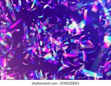 Party Background. Abstract Design. Blue Light Confetti. 3d Glitter. Anniversary Ribbon. Glare Gradient. Unicorn Flag. Happy Holographic Serpentine. Purple Party Background