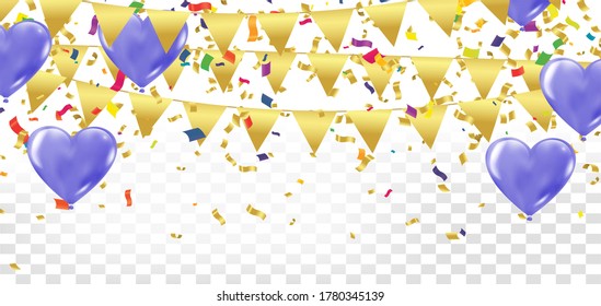 Party Background with balloons and bunting flags vector, Colored confetti and festoons on background