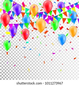 Party Background with balloons and Flags Vector, Colored confetti and festoons on transparent background.