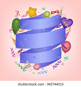 Party background with blue ribbon and festive objects
