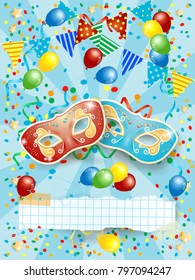 Party background with carnival masks, banner, balloons and festoon. Vector illustration eps10