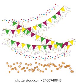 Party background with colorful garlands and confetti. Vector illustration. EPS 10.