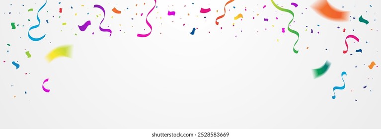 Party Background With Colorful Tiny Confetti And Streamer Ribbon. Congratulations Banner. Celebration. Happy Birthday Wallpaper. Vector Illustration