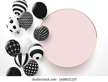 Party background concept with black and white balloon over the circle pastel color board.Minimal style banner.vector illustration. 