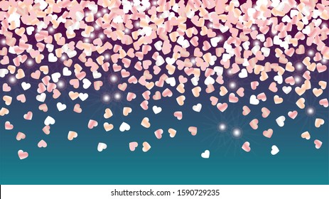 Party Background with Confetti of Hearts Glitter Particles. St. Valentine Day. Celebration pattern. Light Spots. Explosion of Confetti. Glitter Vector Illustration. Design for Advertisement.
