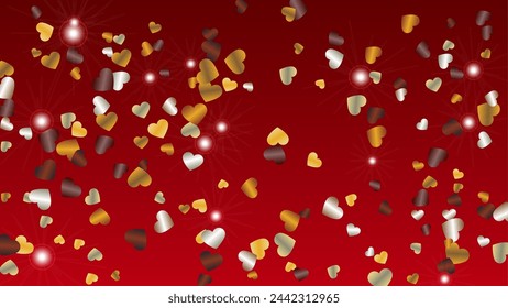 Party Background with Confetti of Hearts Glitter Particles. St. Valentine Day. Celebration pattern. Light Spots. Explosion of Confetti. Glitter Vector Illustration. Design for Advertisement.
