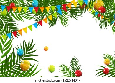 Party Background with Flags, Balloons and Palm Leaves. Template for Invitation. Vector Illustration EPS10