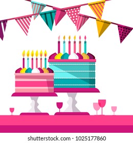 Party Background with Flags, Drinks and Cakes. Vector Flat Design Celebration Event Background.