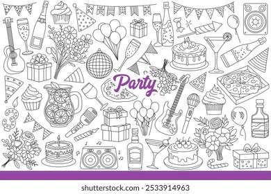 Party background with food for festive event and flags or balloons for interior decoration. Celebratory items and flowers for birthday party or Christmas and New Year eve dinner. Hand drawn.