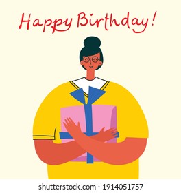 Party background. The girl holding the present. Vector illustration in a simple flat style