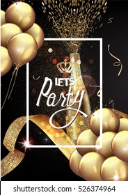 PARTY BACKGROUND WITH GOLD AIR BALLOONS, CONFETTI, RIBBON, BOTTLE OF CHAMPAGNE AND FRAME