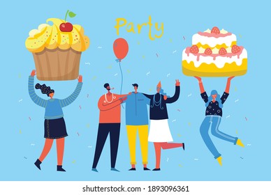 Party background. Happy group of people jumping on a bright background. The concept of friendship, healthy lifestyle, success. Vector illustration in a flat style