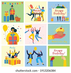 Party background. Happy group of people jumping on a bright background. The concept of friendship, healthy lifestyle, success. Vector illustration in a flat style