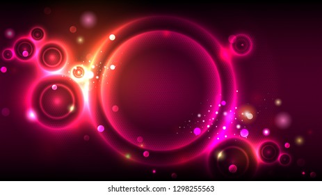 Party background, neon glowing circles, abstract glowing round frame on magenta bokeh background, vector