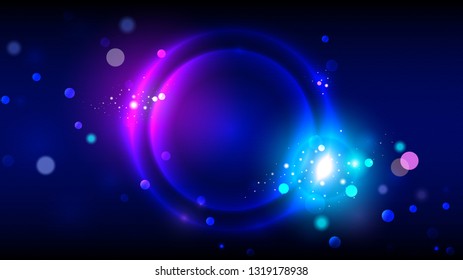 Party background, neon glowing circles, abstract bright round frame on dark blue background with bright particles, sparkles and bokeh, vector illustration