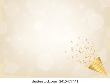 Party Background. Party Popper or Firecracker with Confetti on Golden Background. Falling Confetti for Party, Celebration, Anniversary, Christmas or New Year.  Vector Illustration.