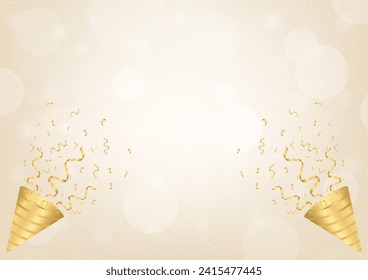Party Background. Party Popper or Firecracker with Confetti on Golden Background. Falling Confetti for Party, Celebration, Anniversary, Christmas or New Year.  Vector Illustration.