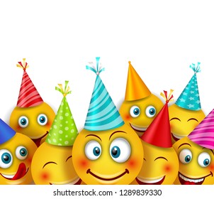 Party Background with Set Smile Emoji Characters. Emotion, Emoticon - Illustration Vector