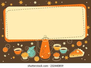 Party background with tea and bakery objects and blank space for your text