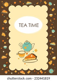 Party background with tea and bakery objects and blank space for your text