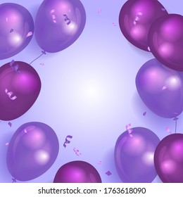 Party background with violet balloons and confetti. Template with free space for text. Vector illustration