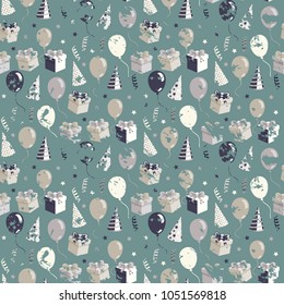 Party background.Holiday seamless grange pattern eith gift box,ballons,Festive Hat in gray tones