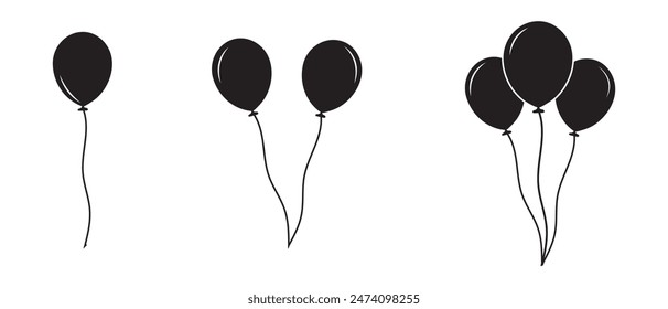 Ballon-Symbole, Symbole. Ballons-Symbol, Vektorgrafik, Silhouette. Fliegender Ballon mit Seil, Flache Ikone zum Feiern und Fasching. Vektorillustration.