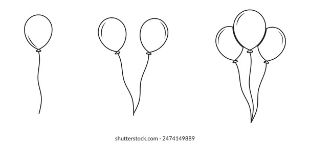 Party balloon icons, symbols with stroke line. Balloons line icon, vector, silhouette.  Flying balloon with rope, Flat icon for celebrate and carnival. Vector illustration.