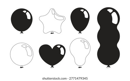 Party balloon shapes 2D line objects set. Festive decor. Birthday ballons. Event decoration. Different baloons isolated cliparts vector filled outline items. Monochrome spot illustrations collection
