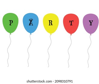 Ilustración vectorial de globo de partido. Brillantes globos multicolores en una cuerda con la palabra PARTY. Icono de fiesta de celebración. Tarjeta de invitación.  