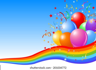 Party balloons background with rainbow ribbon 