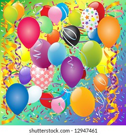 it's a party! balloons, confetti, & streamers of all colors create a festive mood