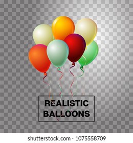 Party balloons cool vector set on transparent background. Festive birthday or New Year celebration design element. Realistic flying party balloons bunch. Party VIP love wedding decoration.