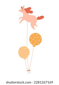 Party balloons with cute unicorn and helium balls. Isolated vector illustration for gift cards, event invitations sticker. Kids print.