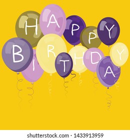 Party balloons flying up. Happy birthday. Vector illustration of violet, purple, blue and yellow balloons on yellow background