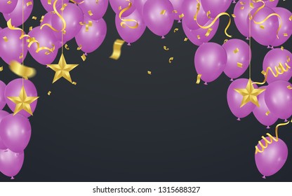 Party balloons Happy birthday illustration celebration background template with confetti and ribbons with place for your message