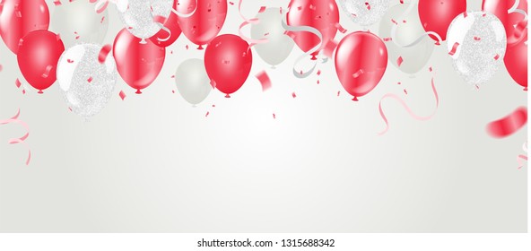 Party balloons Happy birthday illustration celebration background template with confetti and ribbons with place for your message