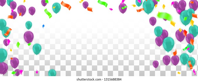 Party balloons Happy birthday illustration celebration background template with confetti and ribbons with place for your message