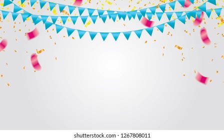 Party balloons illustration. Confetti and ribbons flag ribbons, Merry Christmas Party xmas Poster and Happy New Year 