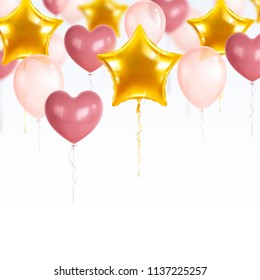 Party balloons realistic composition with golden and pink balloons vector illustration
