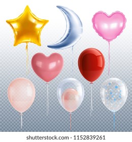 Party balloons realistic set with star heart and moon transparent isolated vector illustration