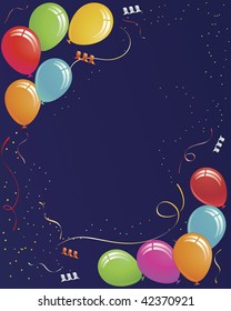 Party Balloons Ribbons and Confetti on Dark Blue Night Sky Background