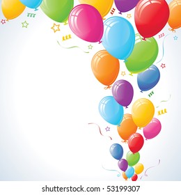 Party Balloons with stars and ribbons against vignette vector background.