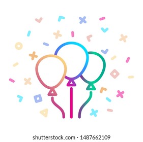 Party balloons surrounded by festive decor. Linear vector icon. Symbol of Christmas and New year