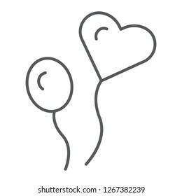 Party balloons thin line icon, romance and love, heart balloon sign, vector graphics, a linear pattern on a white background, eps 10.