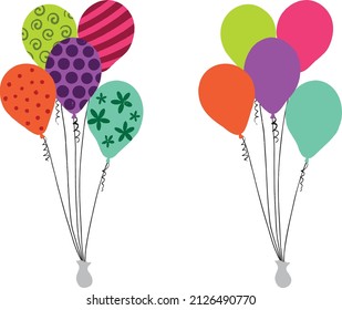 Party balloons vector illustration with colorful customizable colors Textured retro flat shapes. Celebration collection for birthday party decorated with dots and stripes, isolated on white background